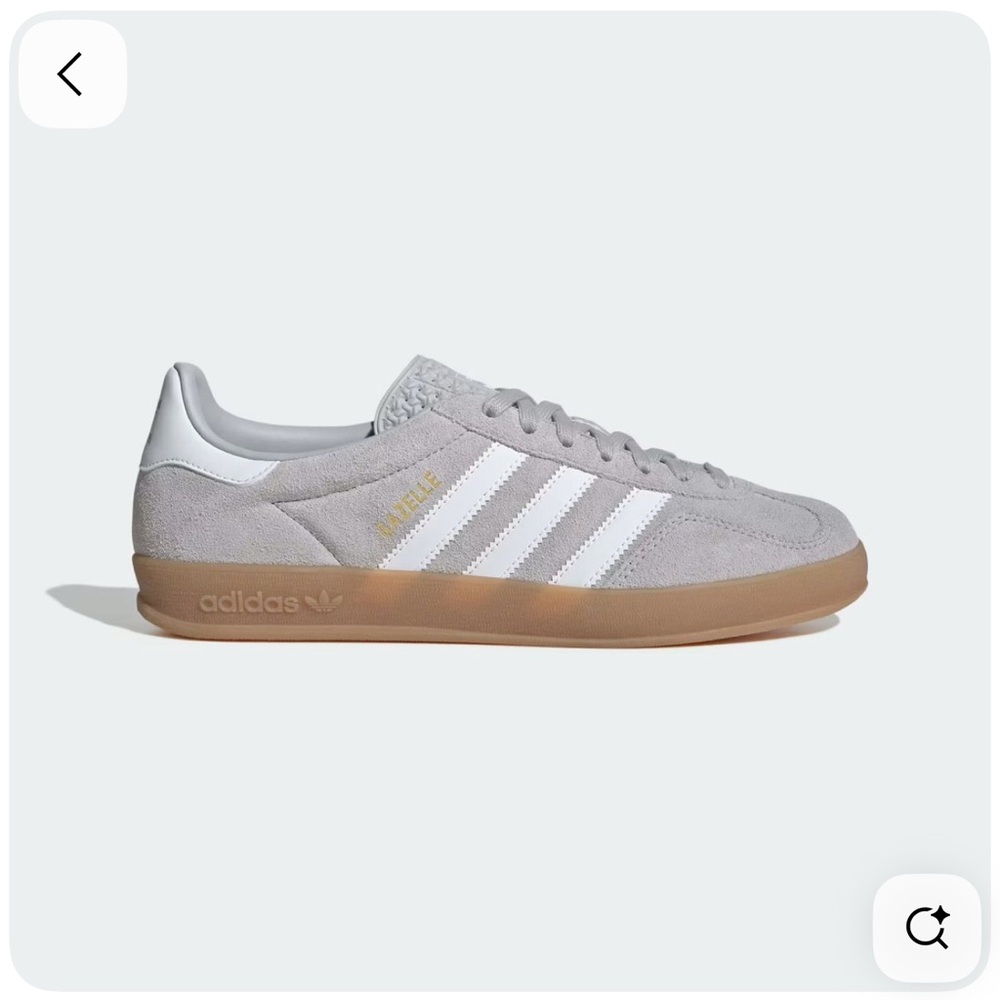 Adidas Gazelle grey suede/white/gold metallic shoes (men 7.5, women 8.5)